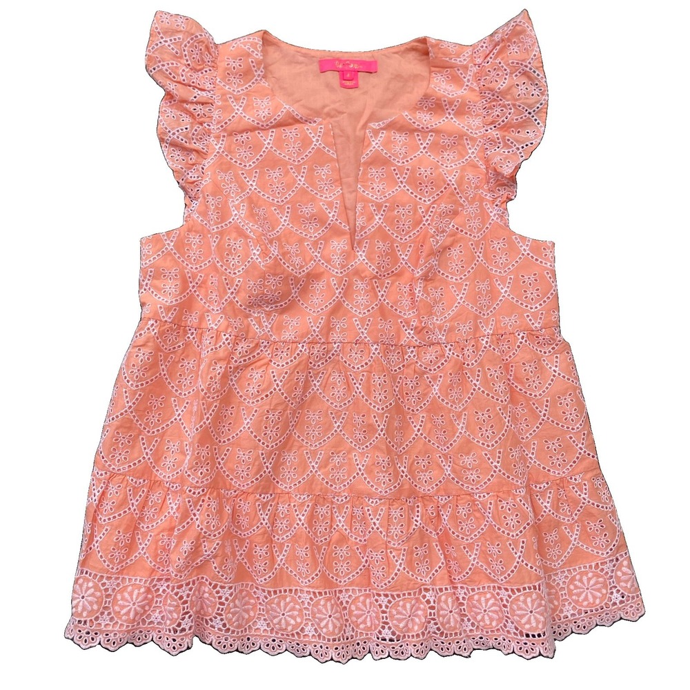 Lilly Pulitzer Keila Eyelet Top Blouse Size 4 Peach Tiered Lined Romantic $158